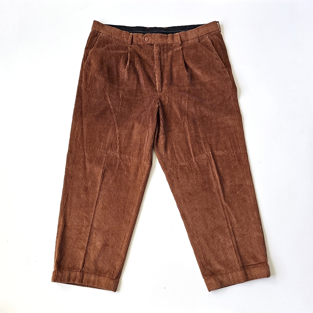 Bagazio Brown Corduroy Pleated Trousers Men 44x32 Classic Old Money Style Cotton